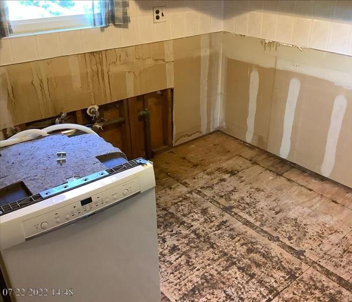A kitchen demolition after a small leak.