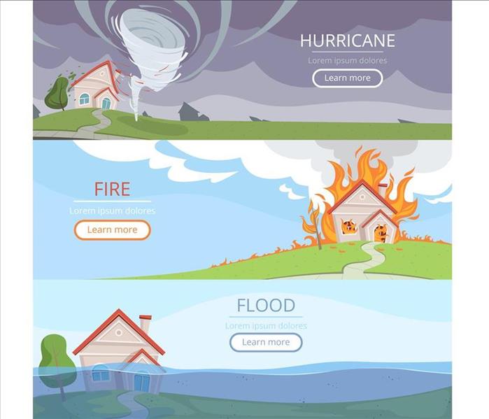 3 panel cartoon showing hurricane, flooding, and a house fire