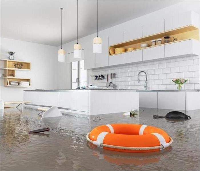 orange float in a flooded kitchen