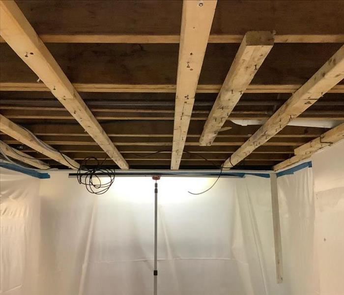 water damaged ceiling, drywall removed
